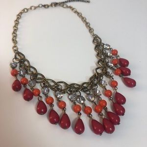 Gold Chain/ Red and Orange Bead Necklace